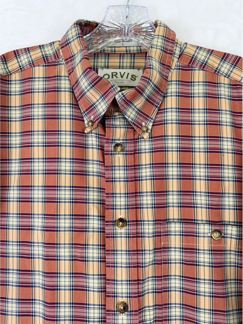 Orvis Mens Large Plaid Button Down Shirt Long Sleeve Orange Red Tan 100% Cotton